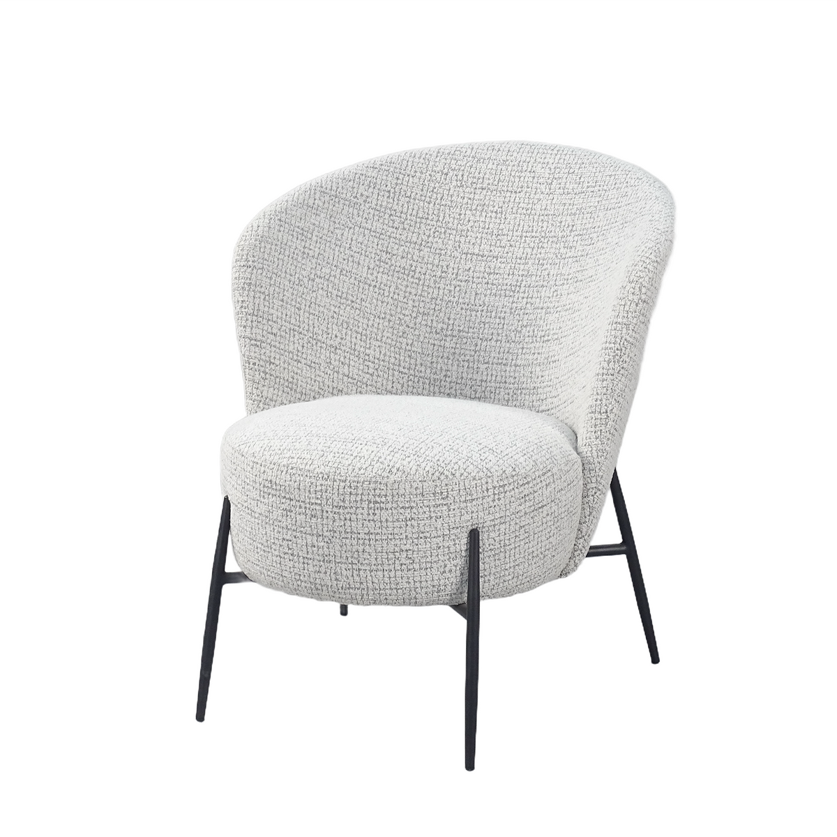 Bouclé tub lounge chair in ivory textured bouclé upholstery with broad wraparound back and tapered black steel legs, GEYA Seating RC-07
