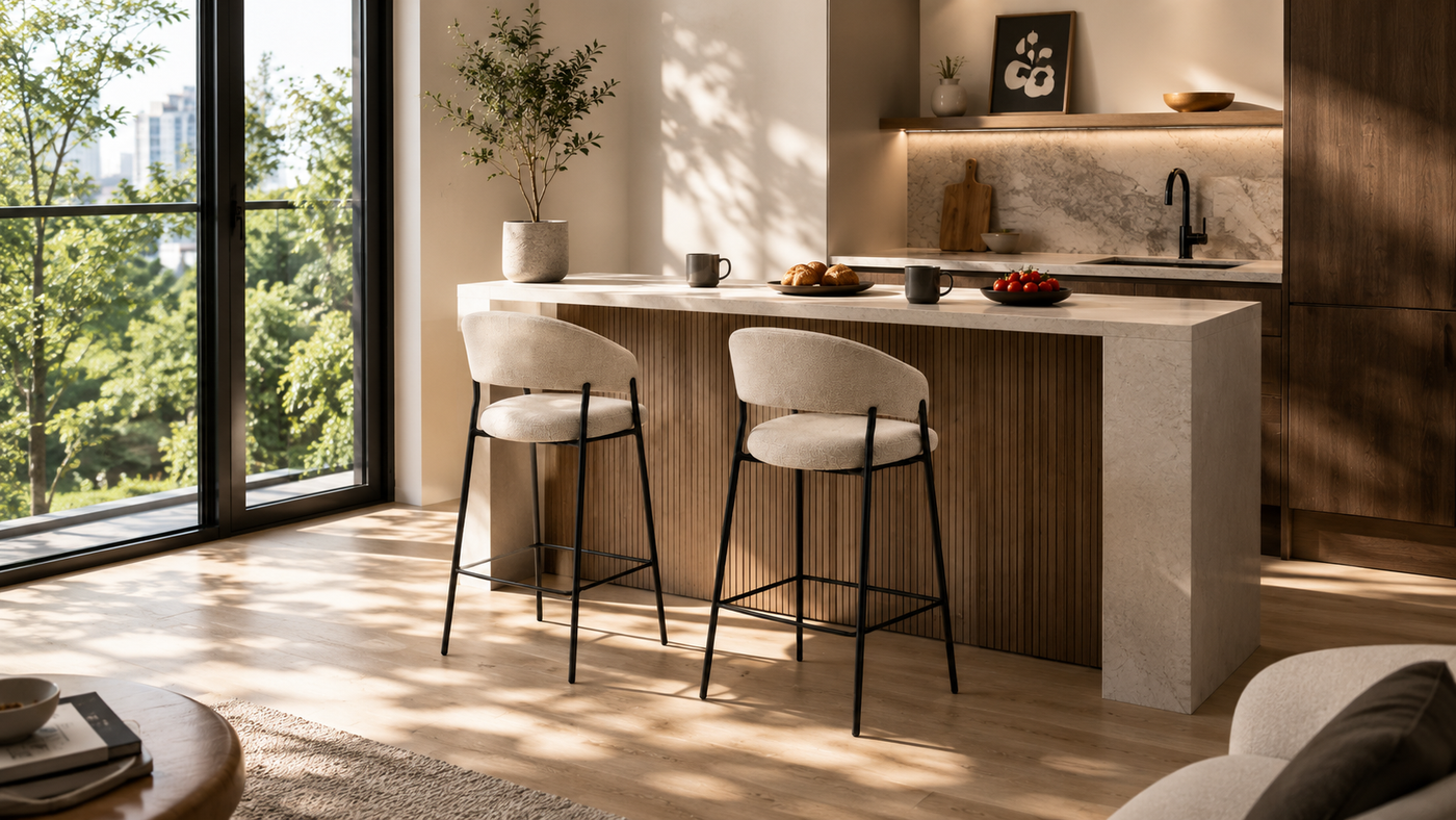 Two low-back wraparound upholstered counter stools in warm taupe patterned fabric at a boutique apartment breakfast counter with a compact stone island, slim matte black metal frames, natural daylight, and clear greenery outside.