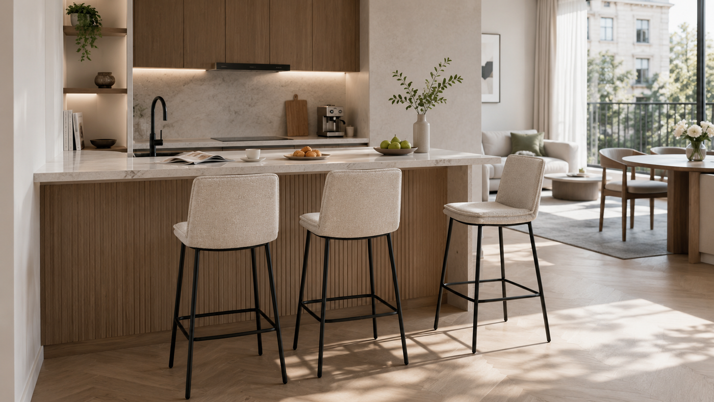 Boutique Apartment Breakfast Counter with Oatmeal Ivory Counter Stools with [