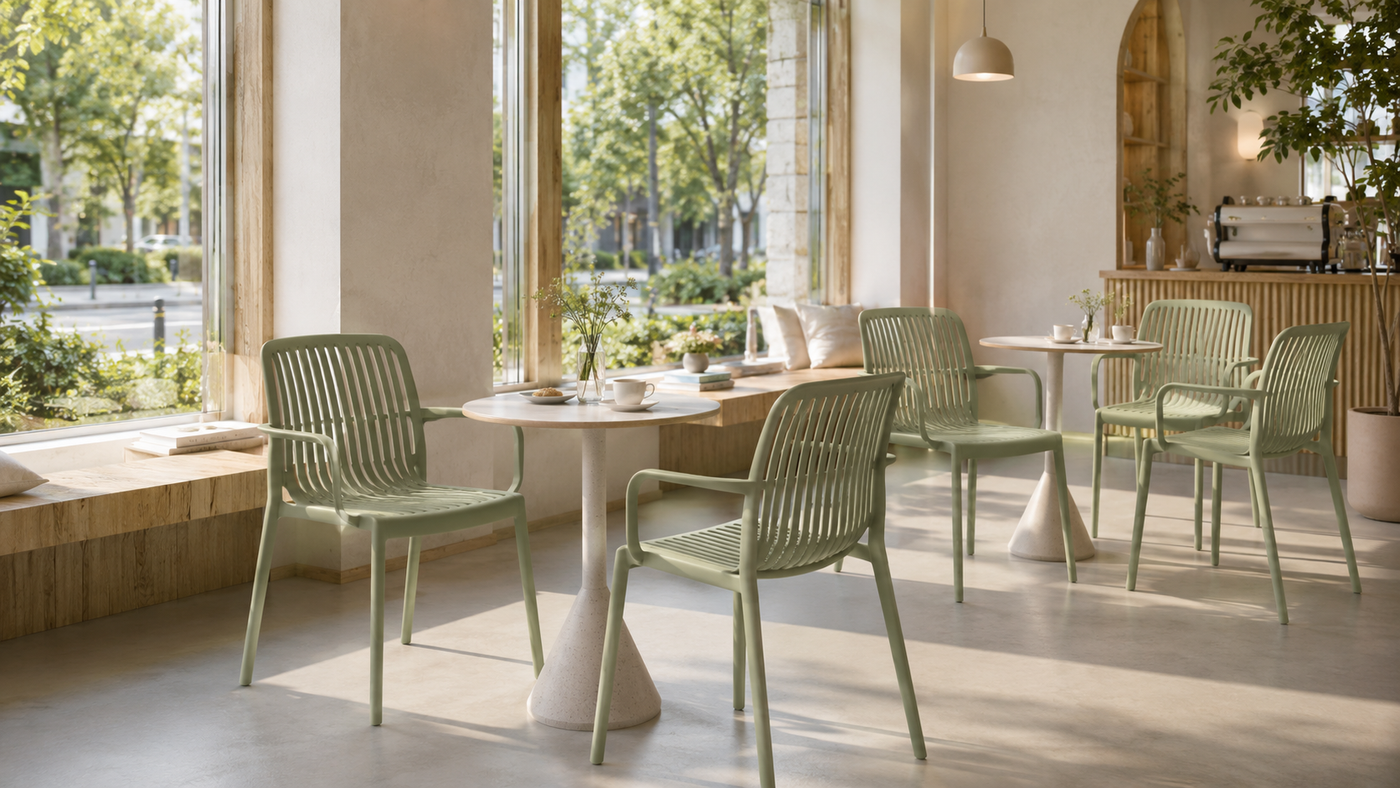Window-Side Café Seating with Sage Green PC-136 Chairs with [