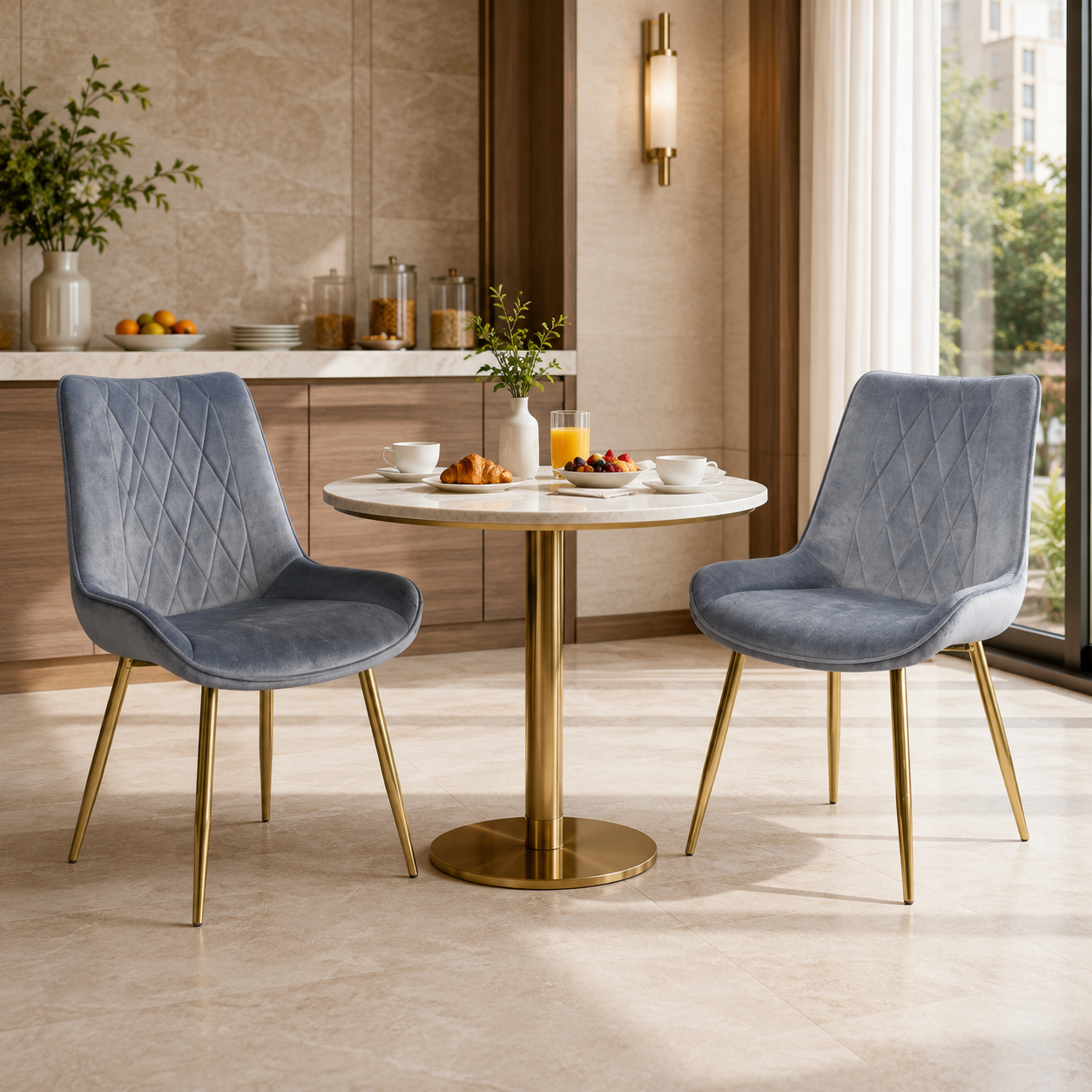 Grey-blue velvet diamond-quilted high-back dining chairs with gold tapered metal legs in a boutique hotel breakfast lounge with a round marble breakfast table.