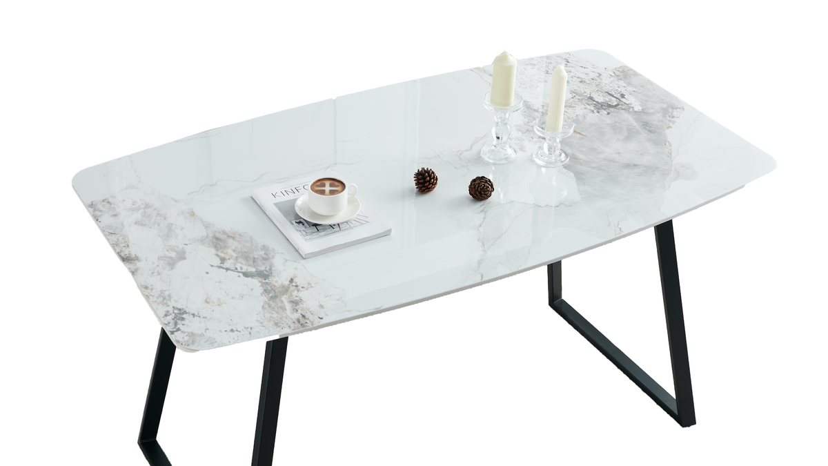 Bow-sided sintered stone tabletop with rounded corners and breccia veining, detail view, T-122