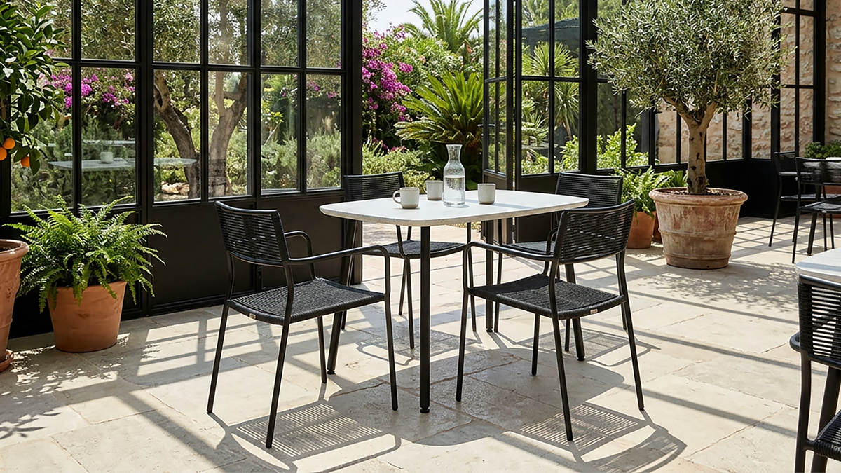 Bow-top light-finish dining table with four cream upholstered chairs in a modern apartment, T-189
