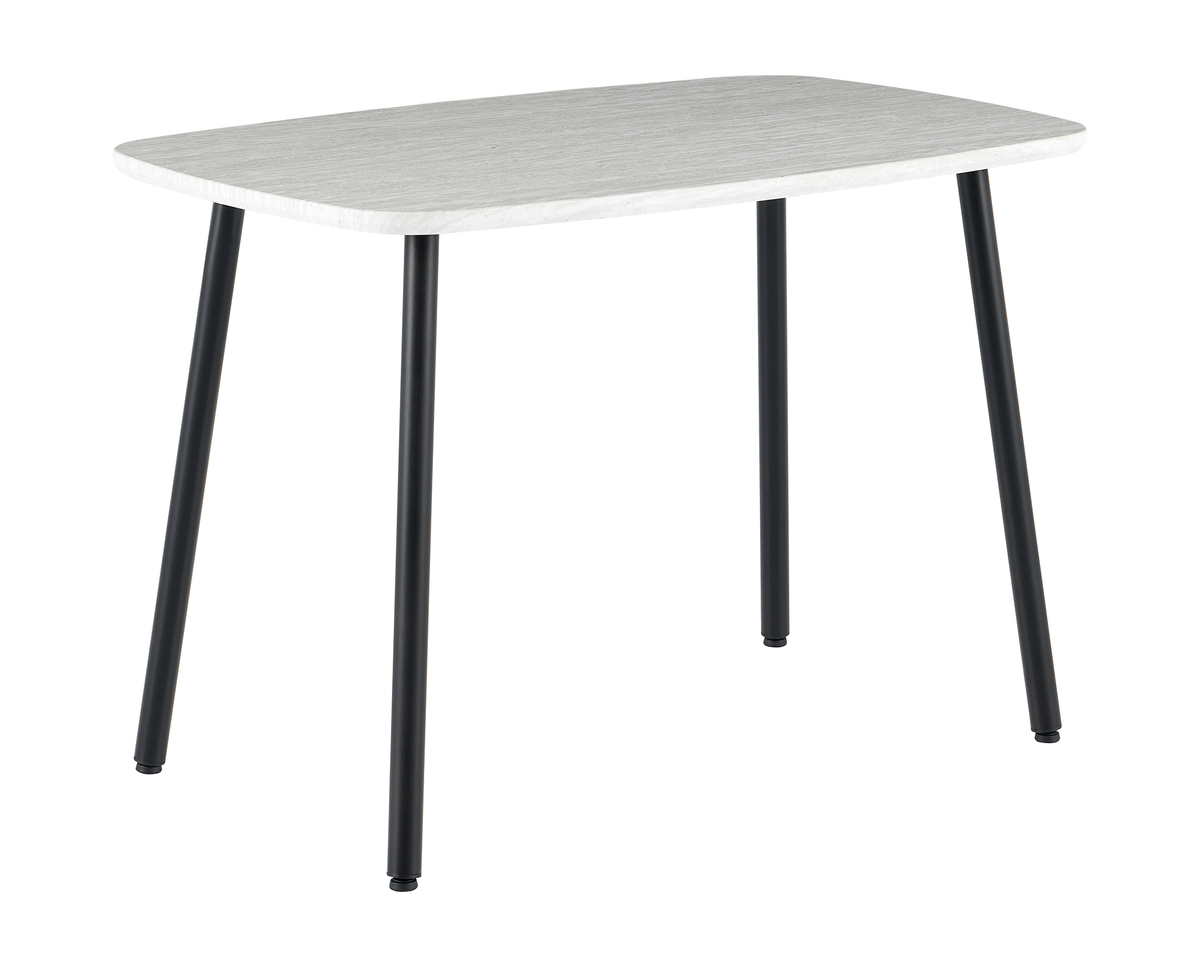 Bow-top light stone effect dining table with contrast matte black steel frame, T-189