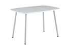 Bow-top dining table in light stone effect with matching light grey splayed steel legs, T-189