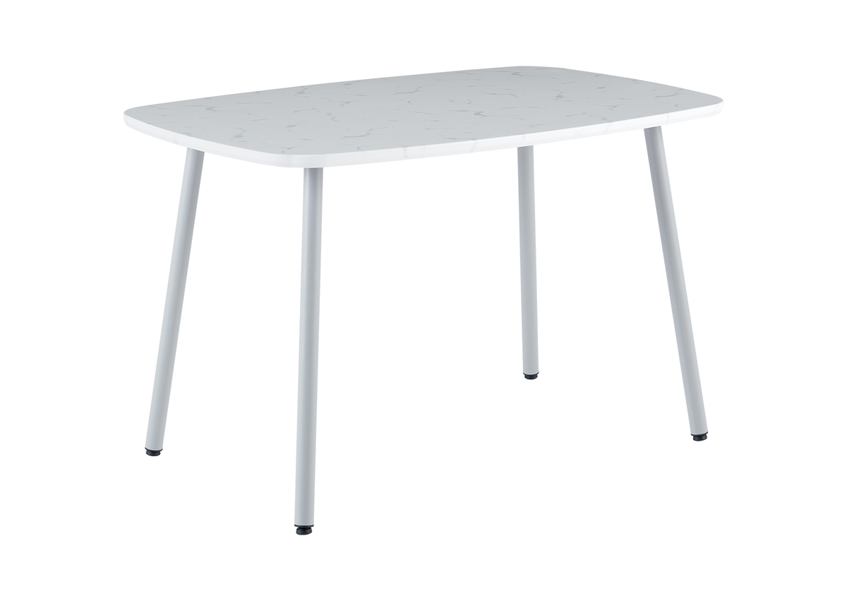 Bow-top dining table in light stone effect with matching light grey splayed steel legs, T-189