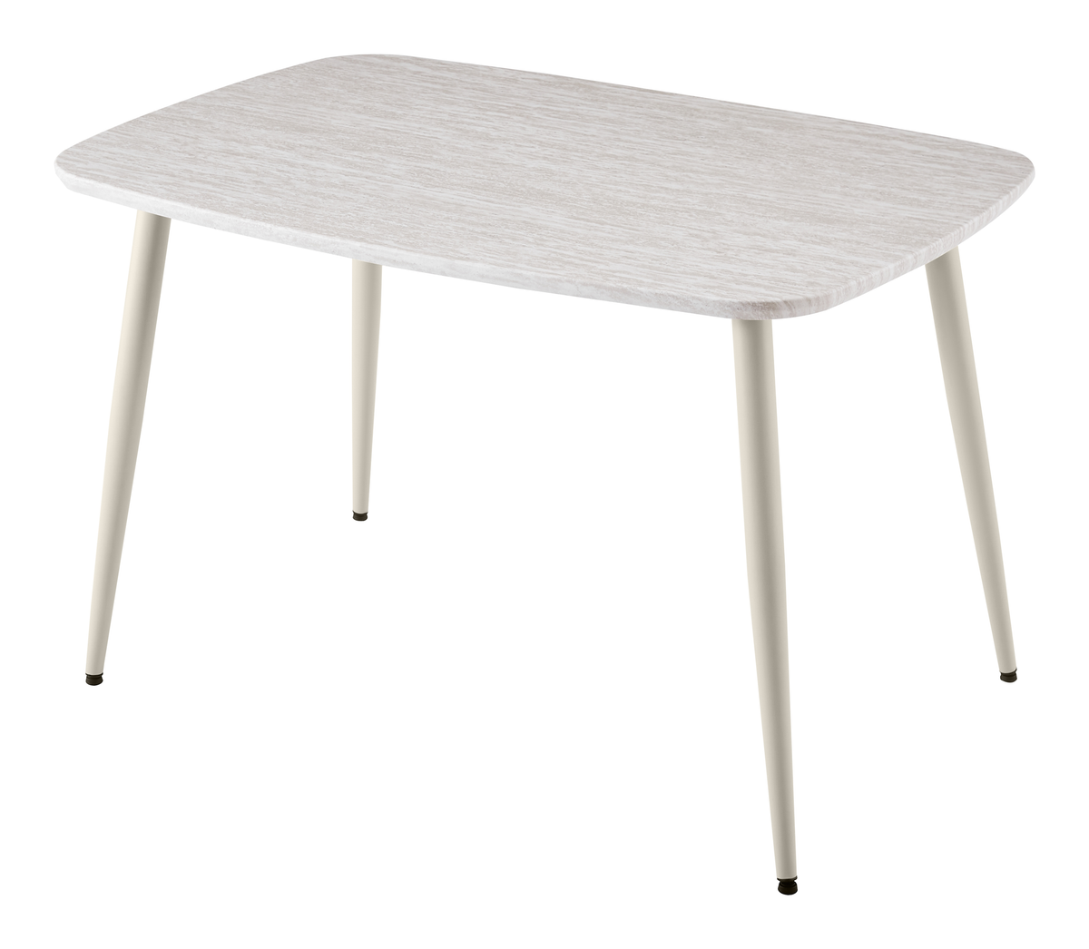 Reverse-bevel dining table with rounded rectangular top and tapered steel legs in perspective, T-173