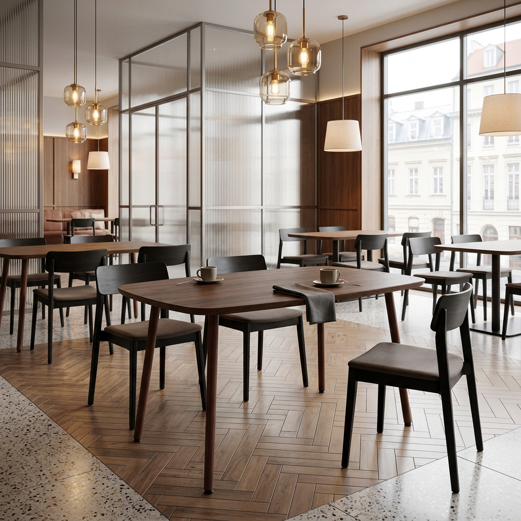 Bow-top walnut dining table configured in a European boutique hotel bistro restaurant, T-189