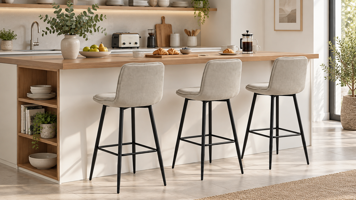 Upholstered bar stools in Linen arranged along a wooden breakfast counter BC-66-705