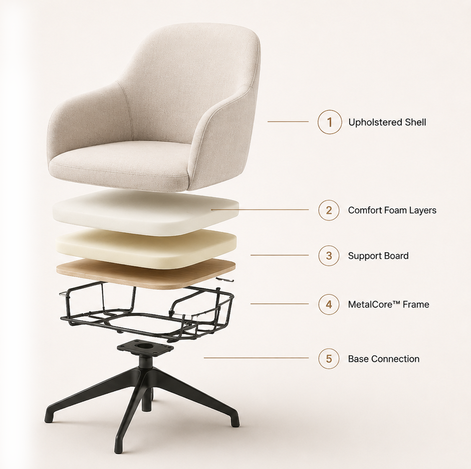 Exploded view of GEYA Inside chair showing upholstered shell, comfort foam layers, support board, MetalCore frame, and base connection.