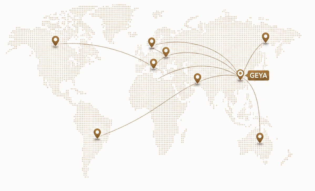 GEYA global presence map showing worldwide reach and international business connections