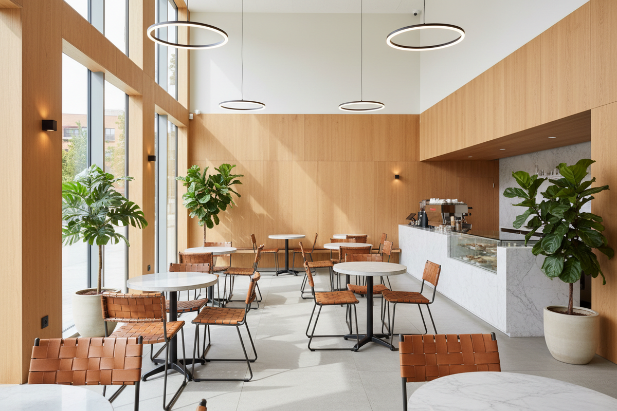 Metal-frame café and bistro dining chairs in a modern casual dining interior