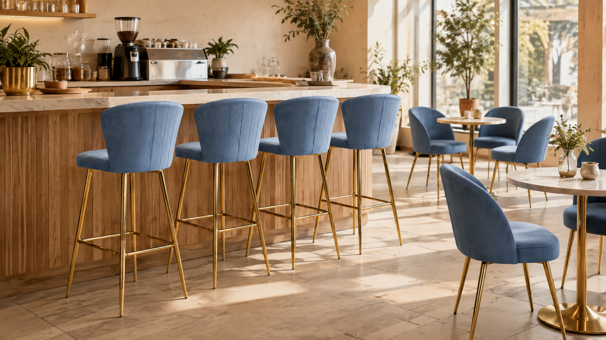 Blue upholstered café chairs and bar stools with gold metal legs in a contemporary coffee shop
