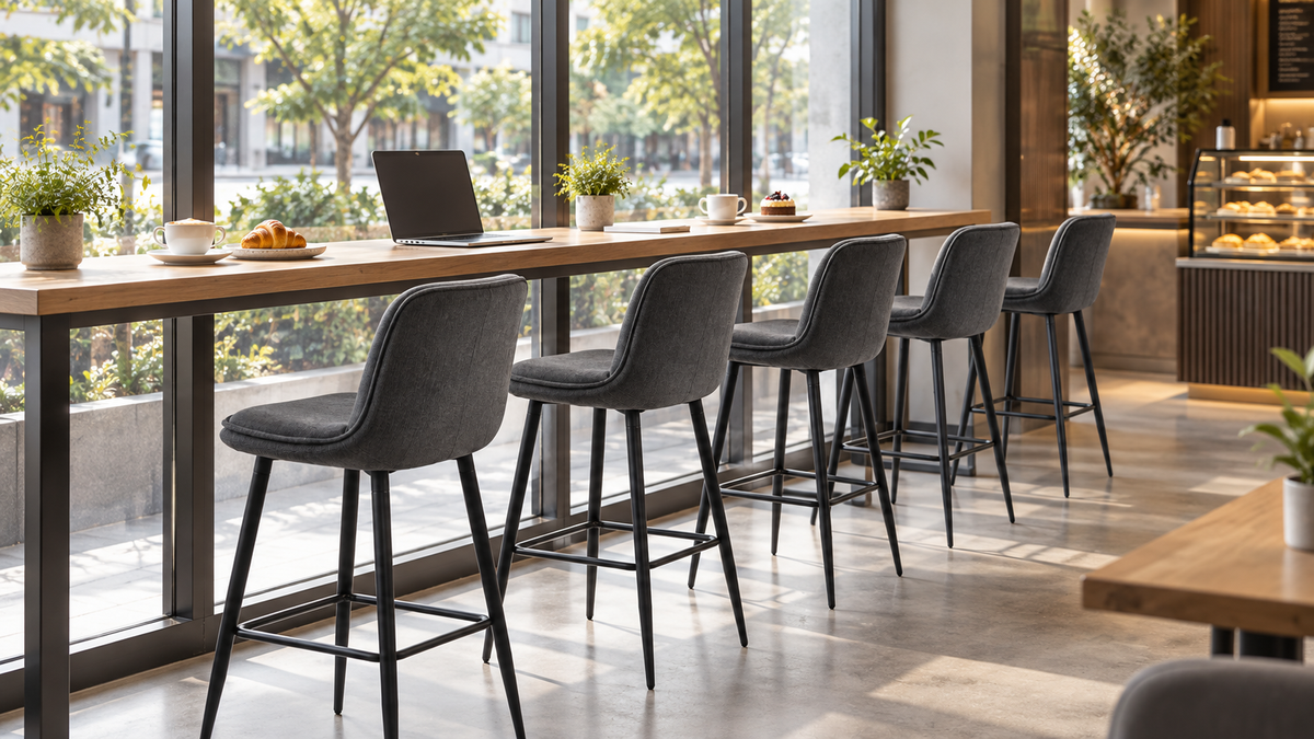 Tapered-leg bar stools in Charcoal aligned along a wooden café window counter BC-66-705