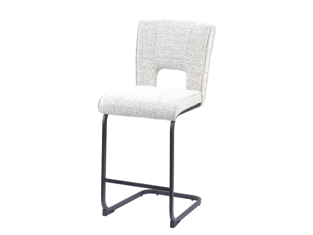 Cantilever bar stool in chalk white textured upholstery with integrated steel footrest and open sled base, BC-93-750
