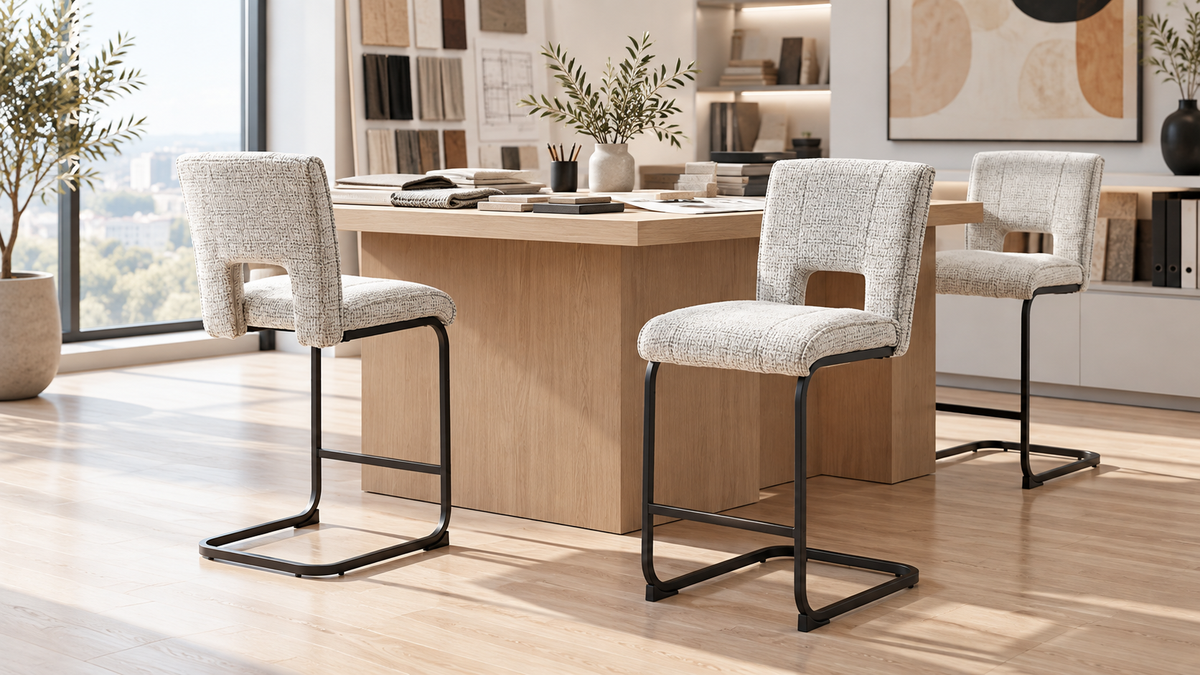 Cantilever bar stools in chalk white woven upholstery around a material review table in an interior design studio, BC-93-750