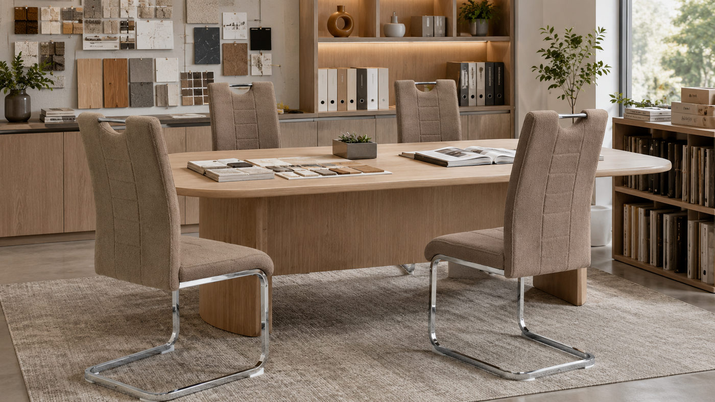 High-back cantilever chairs in warm taupe linen-look fabric around oval table in design studio consultation space — DC-3028
