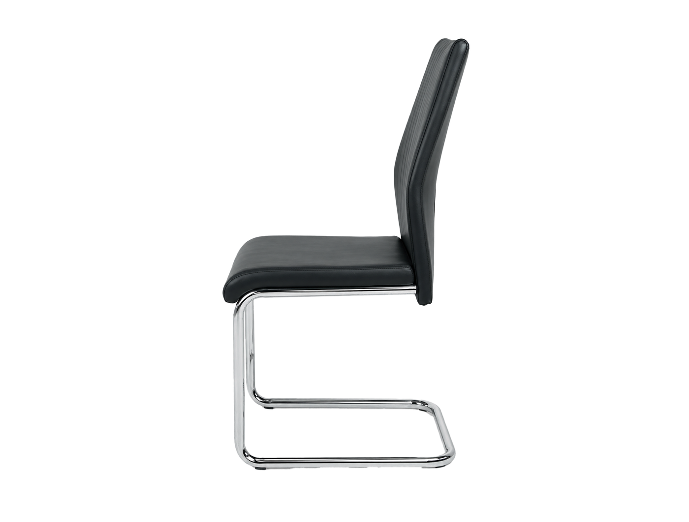 Side profile of high-back cantilever chair showing 465 mm seat height, continuous chrome-plated round-tube frame and armless upholstered silhouette — DC-1670