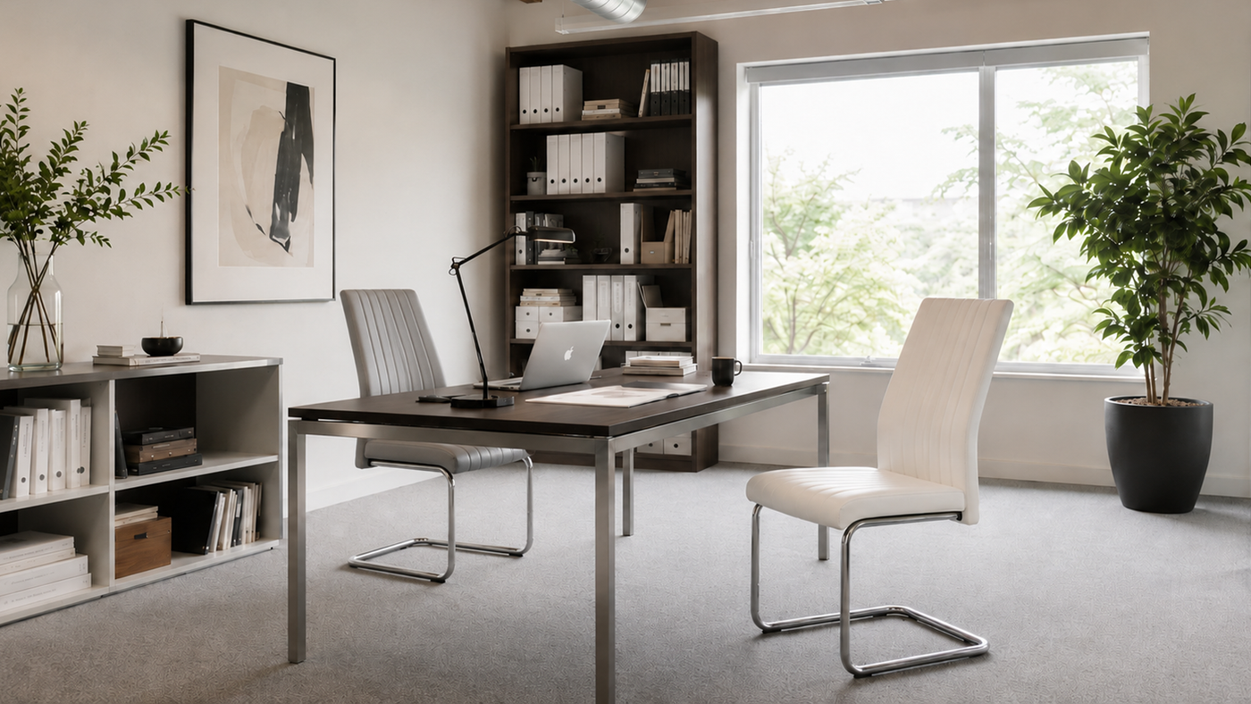High-back cantilever chairs in silver grey and cream PU positioned at a dark-surface desk in a private client consultation room with bookcase and natural light — DC-1670