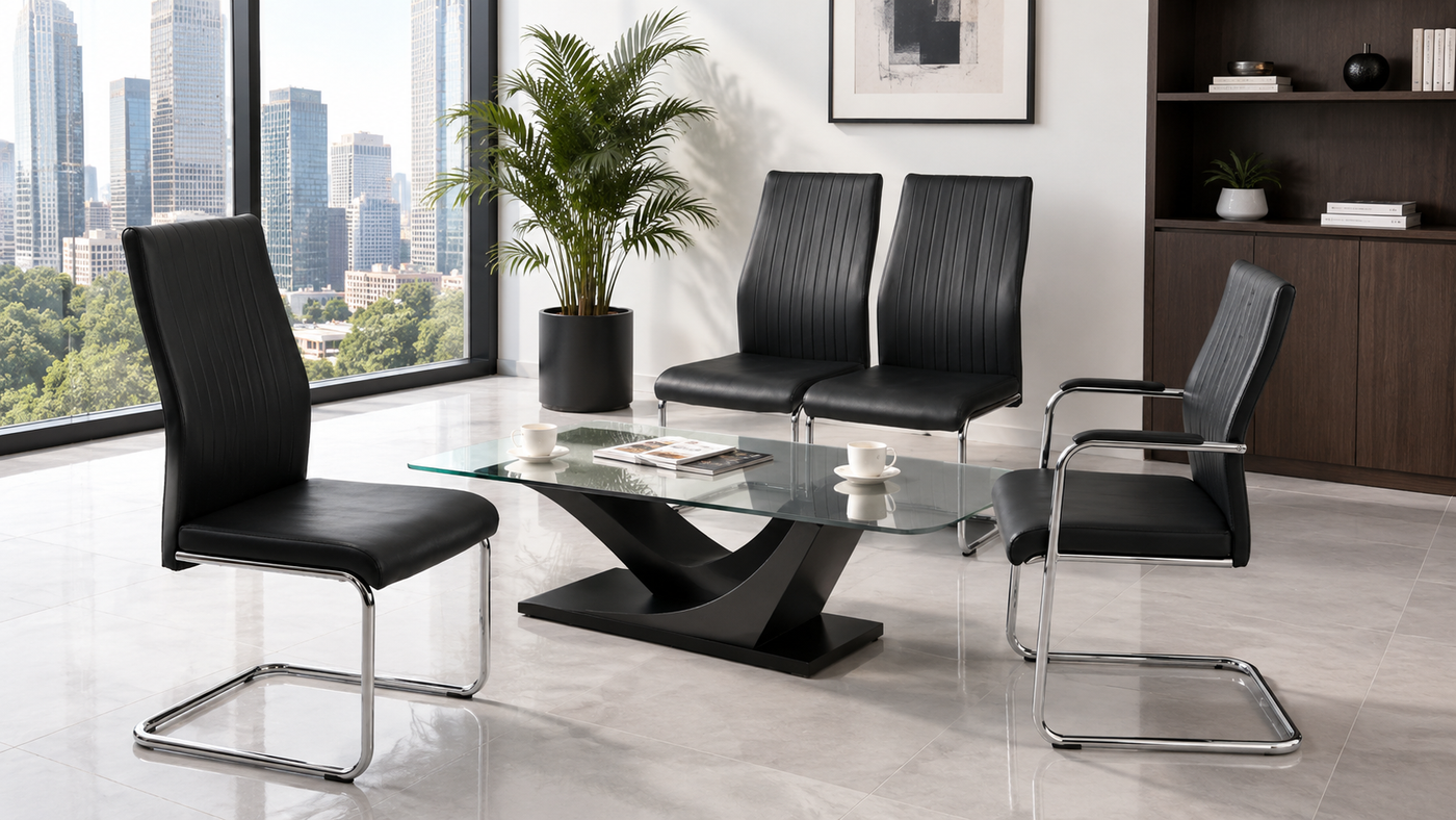  High-back channel-stitched cantilever chairs in black PU arranged as visitor seating in a private office setting with glass-top table, floor-to-ceiling city views and marble flooring — DC-1670