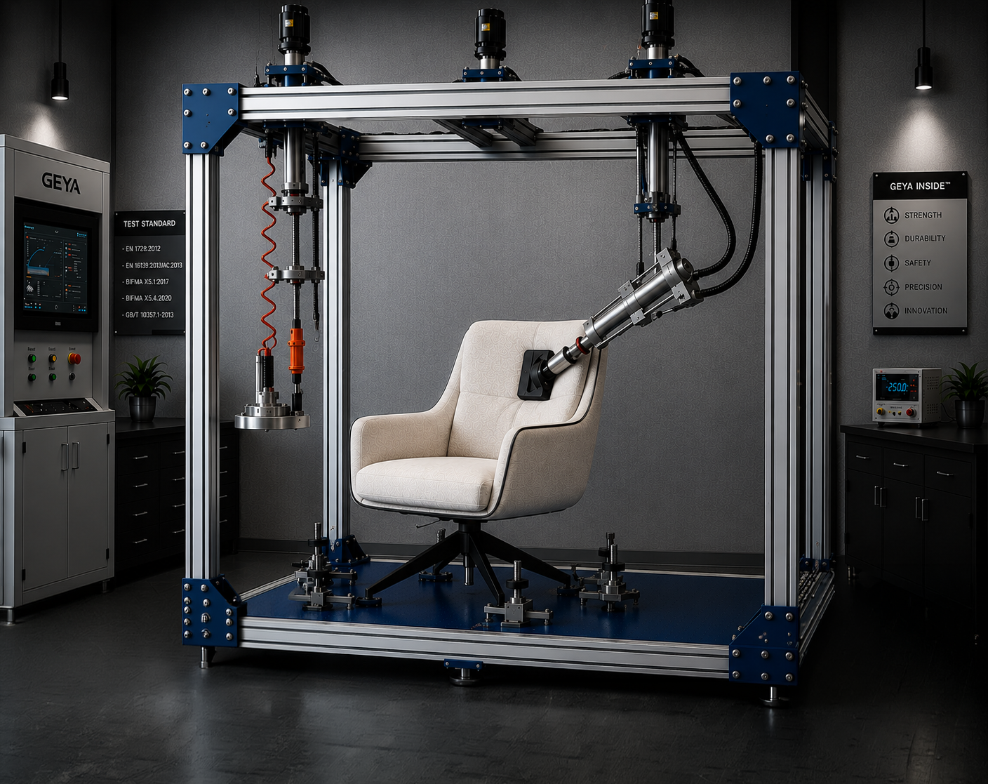 Upholstered chair under GEYA Inside durability validation testing for OEM and ODM seating programs