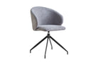 Channel-quilted swivel armchair dining chair with curved upholstered back and black metal tripod base
