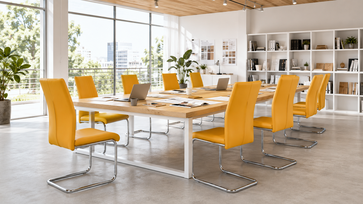 High-back channel-stitched cantilever chairs in mustard PU arranged around a large rectangular meeting table in a design studio with floor-to-ceiling windows and open shelving — DC-1670
