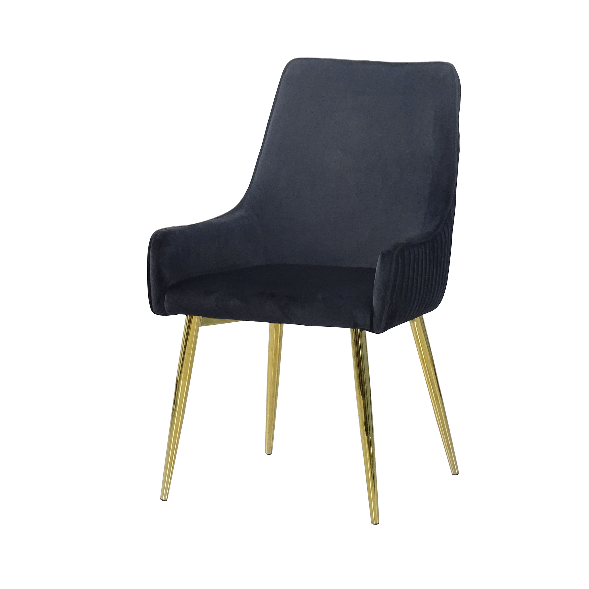 High-back upholstered dining armchair in charcoal velvet with vertically channel-stitched outer back and gold-plated steel frame — DC-3057