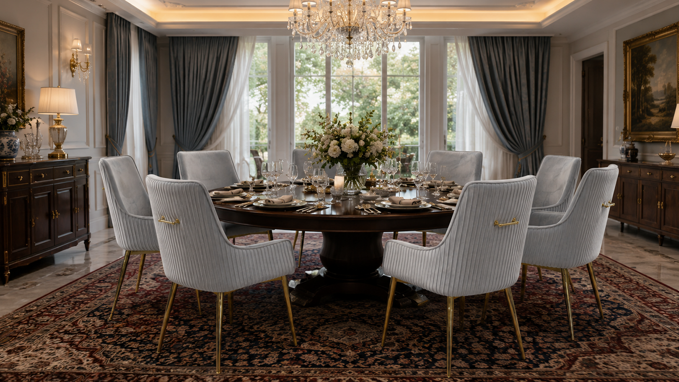 Channel-stitched high-back dining armchairs in silver grey velvet arranged around a round walnut dining table in a formal residential dining room with crystal chandelier and Persian rug — DC-3057