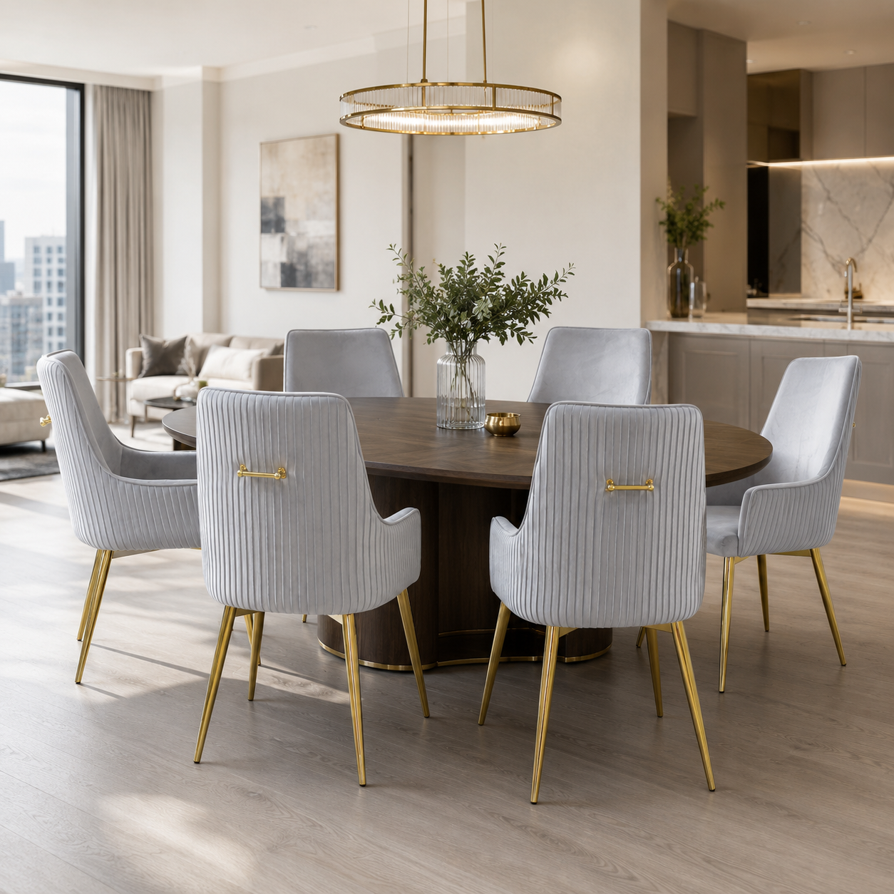 Channel-stitched high-back dining armchairs in silver grey velvet arranged around an oval walnut dining table in a luxury apartment open-plan dining and living space with brass ring pendant and city views — DC-3057