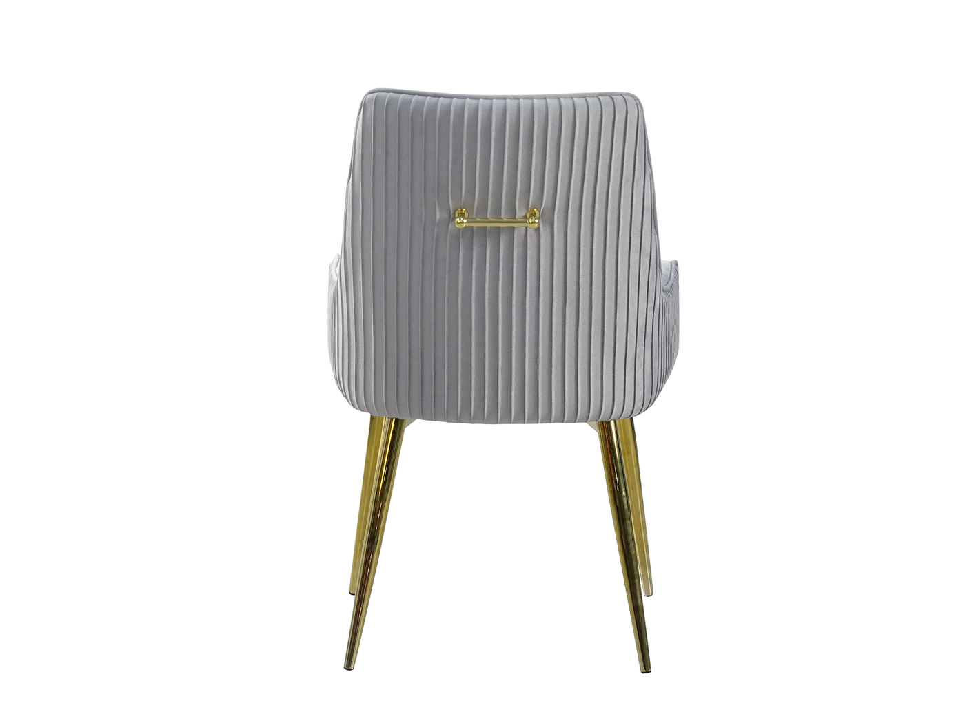 Rear view of high-back dining armchair showing dense vertical channel stitching across outer back and armrest exteriors with centred gold-finish metal handle — DC-3057