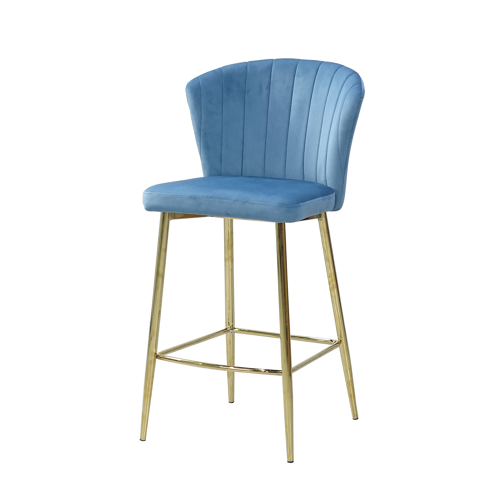 Channel-stitched velvet counter stool with flared curved backrest and gold-plated tapered steel frame in Dusty Blue, GEYA Seating BC-90