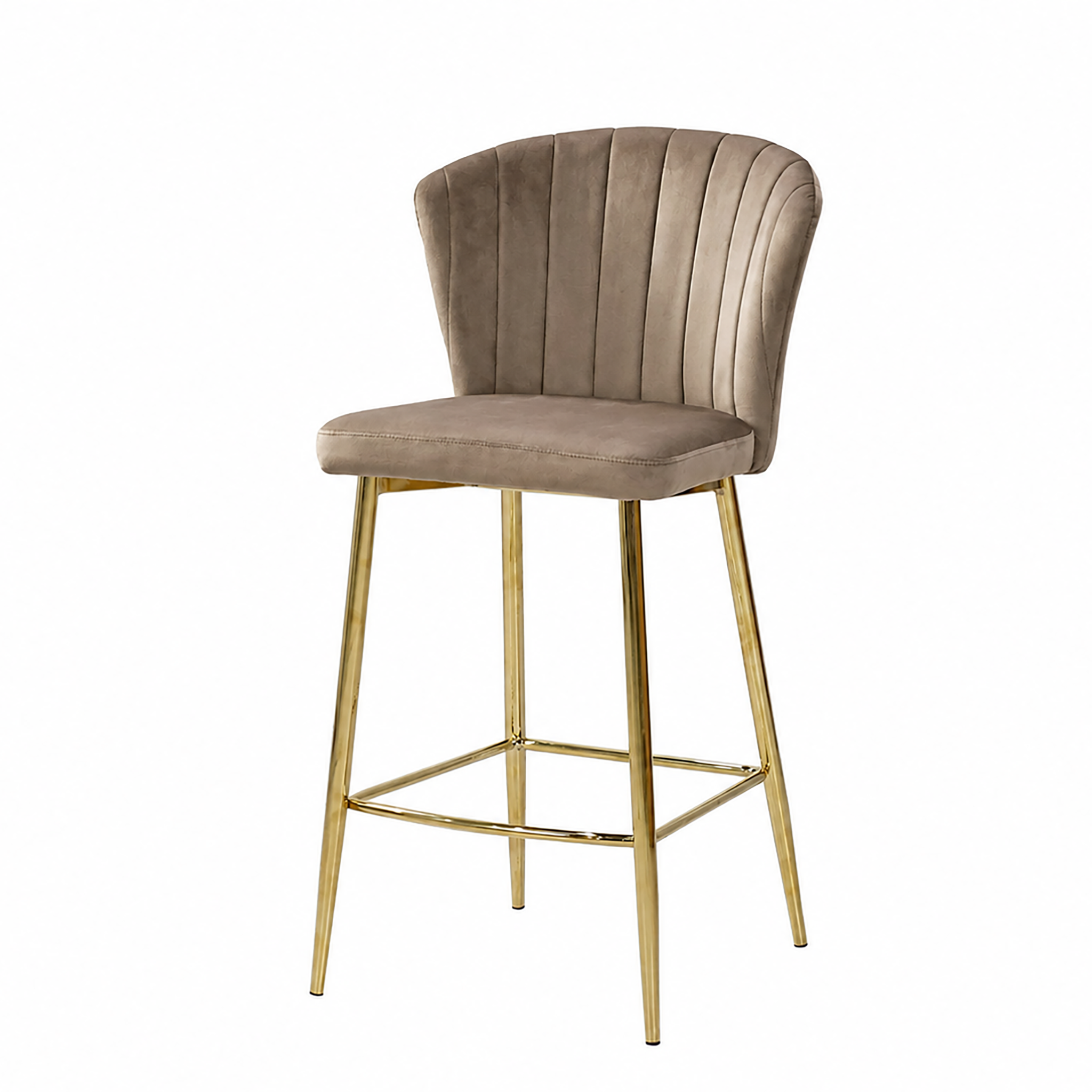 Velvet upholstered counter stool with vertical channel stitching and wraparound footrest in Mushroom Taupe, gold-plated steel base, BC-90