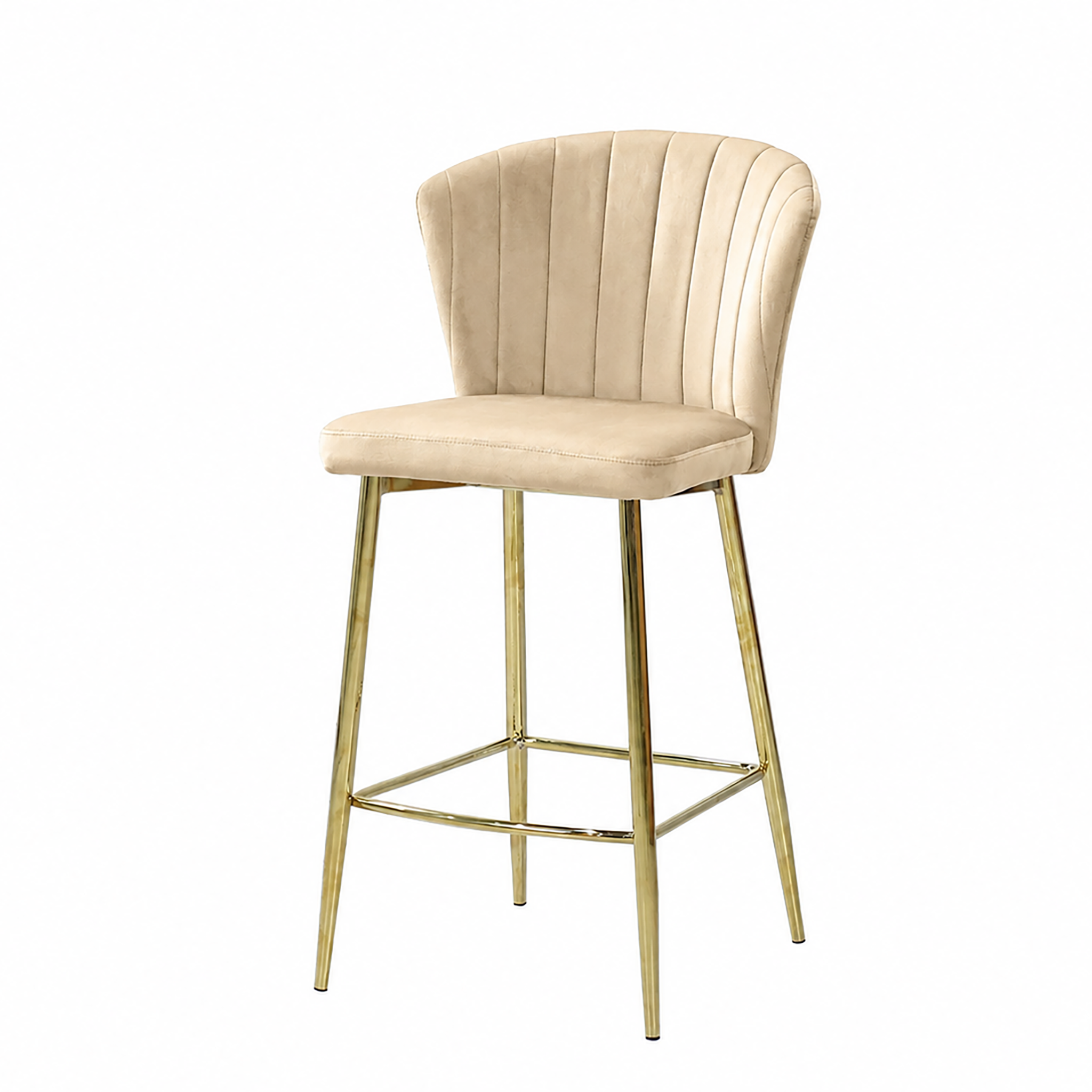 Upholstered counter stool for kitchen islands and hospitality counters in Warm Ivory, channel-stitched velvet backrest, gold-plated frame, BC-90
