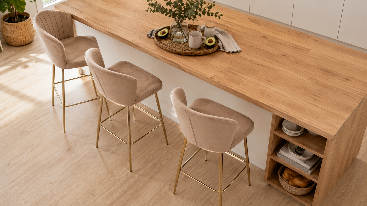 Channel-stitched velvet counter stools at apartment breakfast bar in Mushroom Taupe, solid oak worktop with white cabinetry, natural daylight setting, BC-90