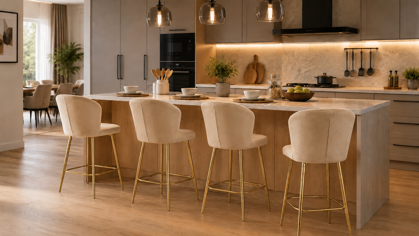 Channel-stitched velvet counter stools at residential kitchen island in Warm Ivory with gold-plated steel frames, open-plan kitchen setting, GEYA Seating BC-90