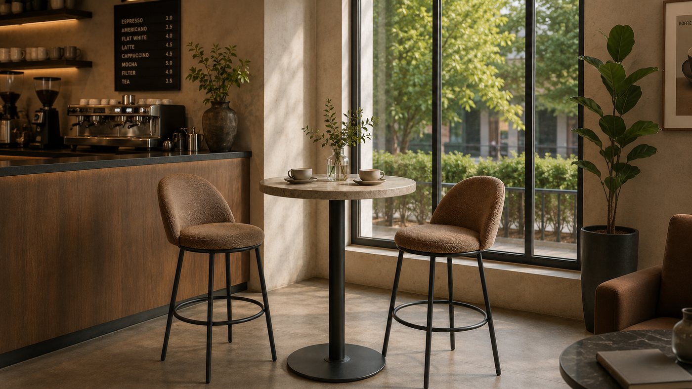 Chenille curved-shell counter stool in camel brown beside round bistro table at café window with espresso bar in background, BC-165