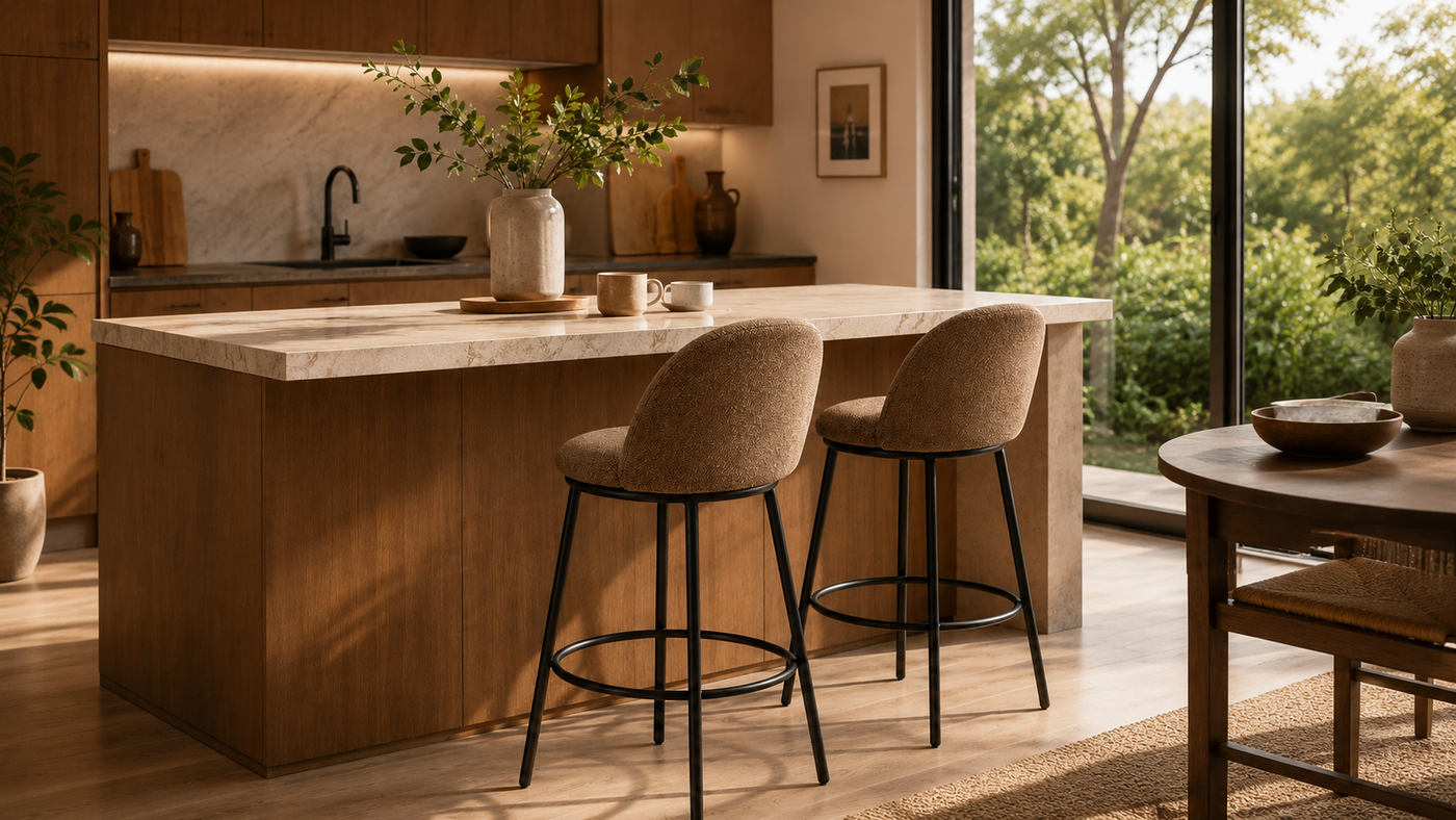 Chenille curved-shell counter stools in camel brown at marble kitchen island in warm open-plan residential kitchen with garden view, BC-165
