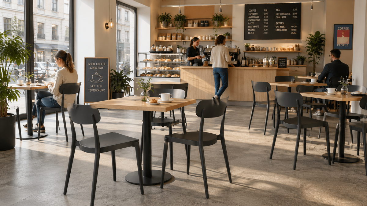 Black PP Chairs for a Modern Coffee Shop with [