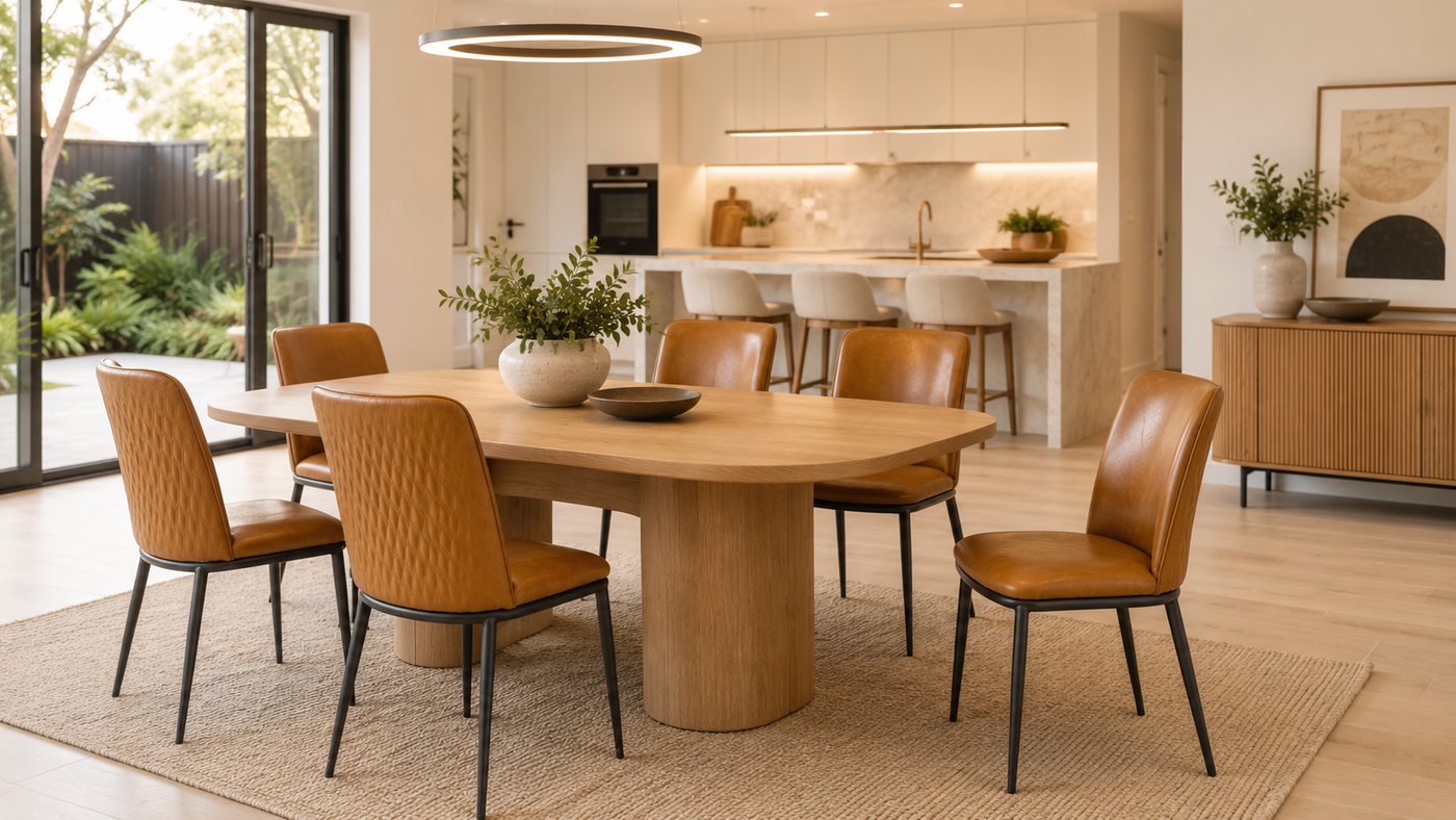Cognac faux leather dining chairs arranged around rounded oak dining table in open-plan residential kitchen and dining room — DC-3063