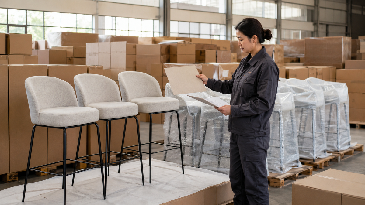 Commercial bar stools prepared for repeat wholesale and project supply, with protected seating and export cartons in a GEYA staging area.