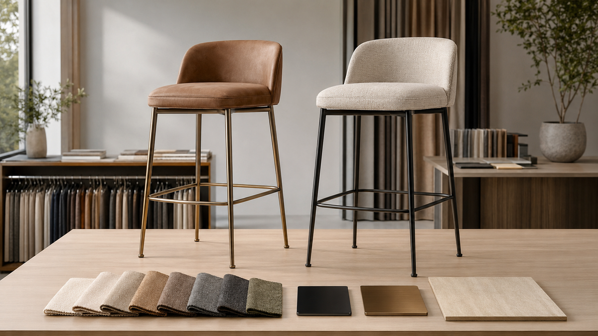 Commercial bar stool samples with coordinated upholstery swatches and contrasting metal frame finish options for approved seating programs.