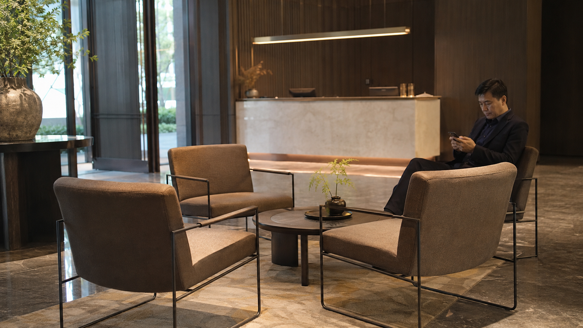 Commercial lounge seating in a Chinese hotel lobby for hospitality and contract furniture projects