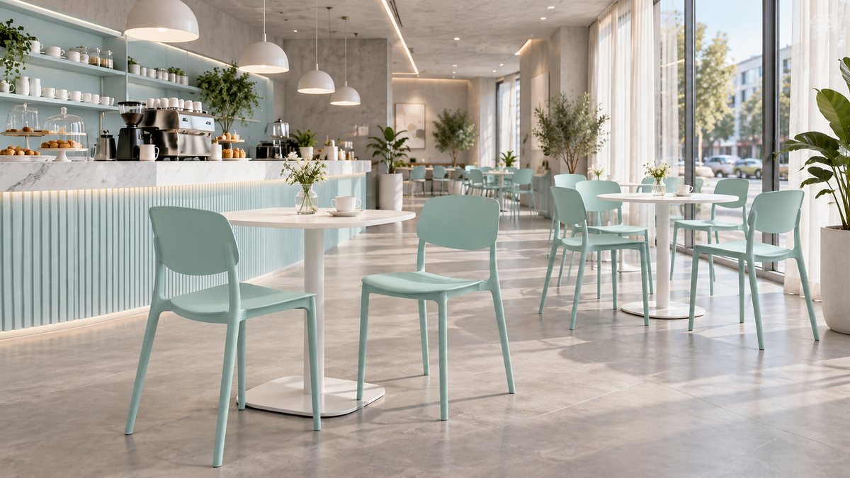 Polypropylene side chairs in mint green maintaining clear circulation in communal dining zones PC-133