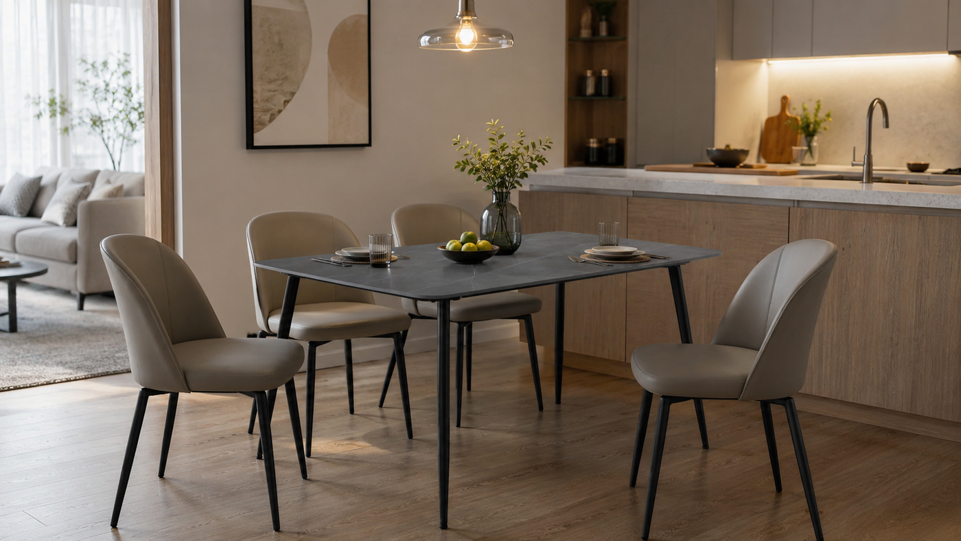 GEYA T-107 sintered stone dining table with 1200x700mm Armani Grey top and contract-grade splayed steel legs in an open-plan kitchen dining layout.