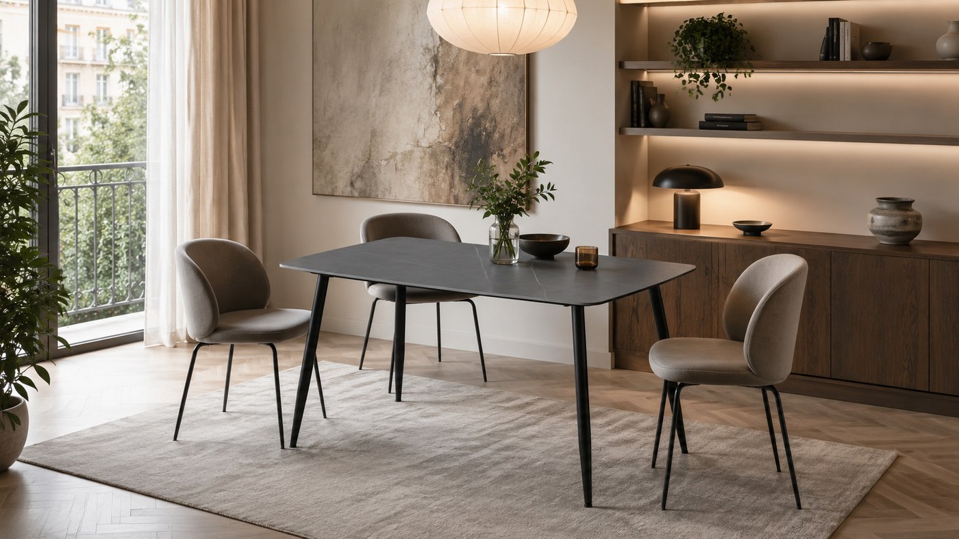  GEYA T-107 rectangular sintered stone dining table in a compact residential dining room — Armani Grey top, matte black splayed legs.