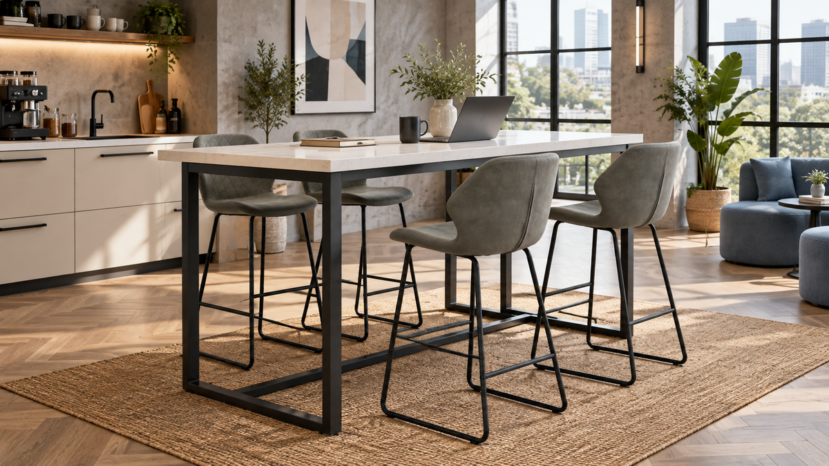 Round-tube bar stools in Graphite Grey positioned at a corporate café counter and communal table BC-05-750