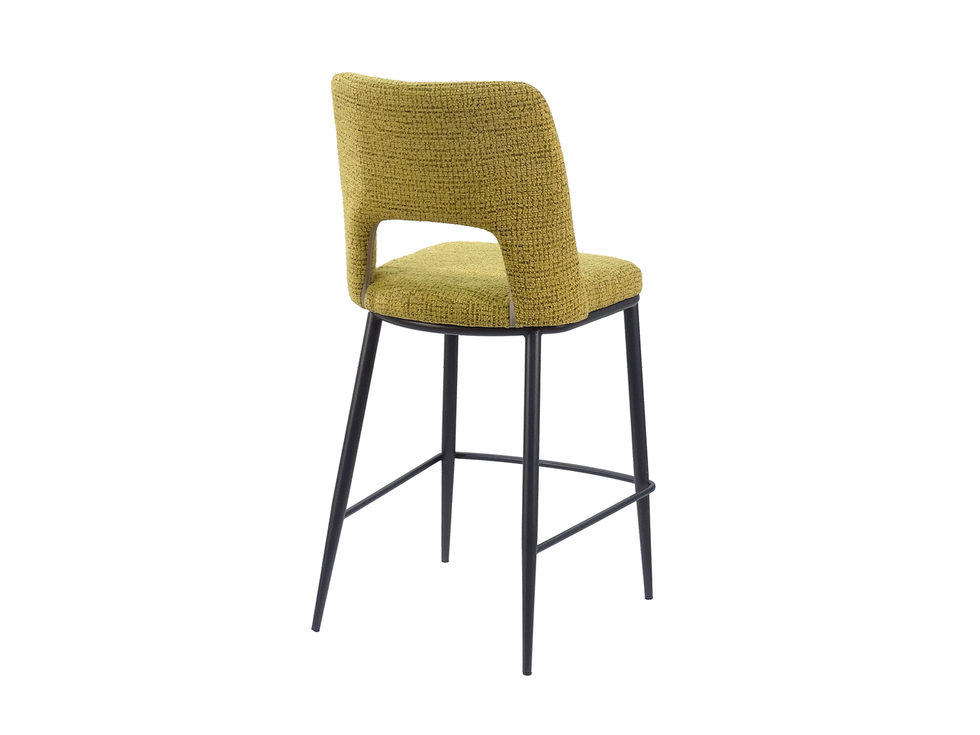 Rear view of olive yellow open-back counter stool showing backrest rear panel and integrated wraparound steel footrest — BC-120