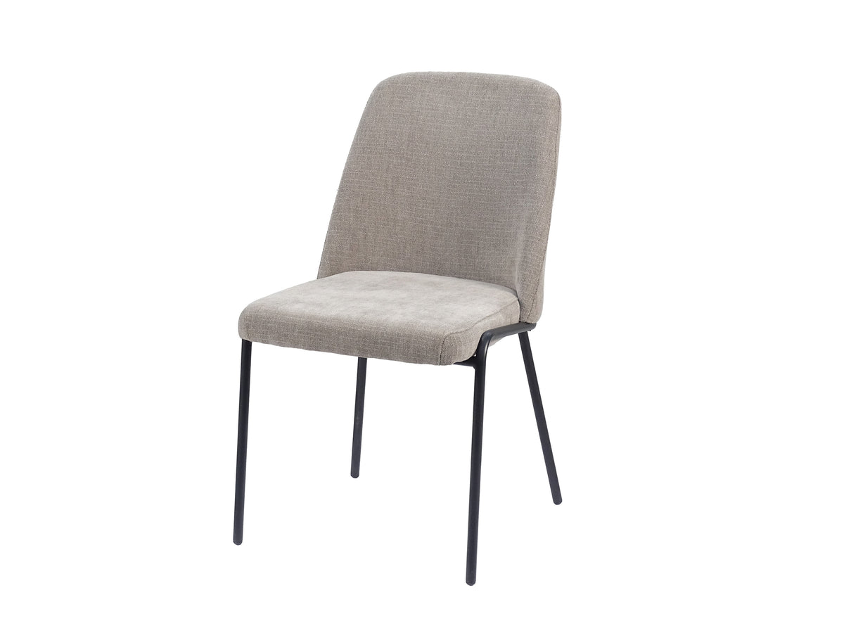 Three-quarter view of greige soft-square dining chair with splayed round steel legs DC-3070