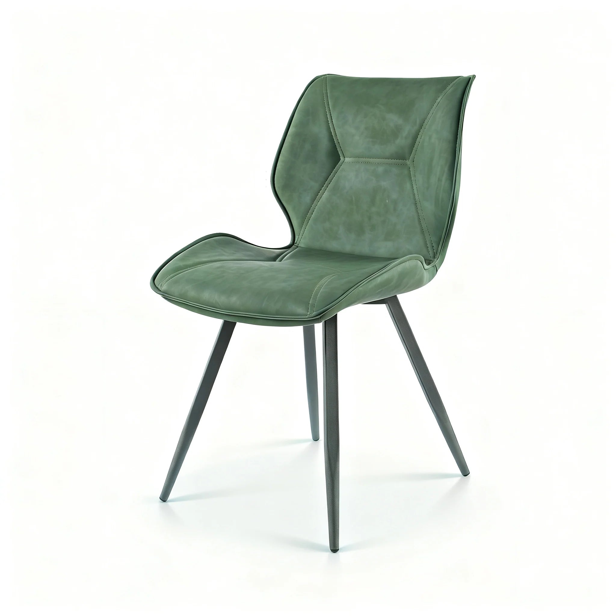 Crazy Horse PU upholstered dining chair in green with sculpted backrest and slim black metal legs